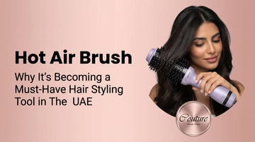 Woman styling long dark hair with Couture Hair Pro lavender hot air brush against pink background — UAE trending hair styling tool advertisement banner