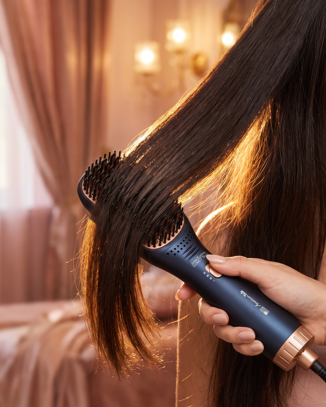 American Tek one-step hot air brush in blue, styling tool detail
