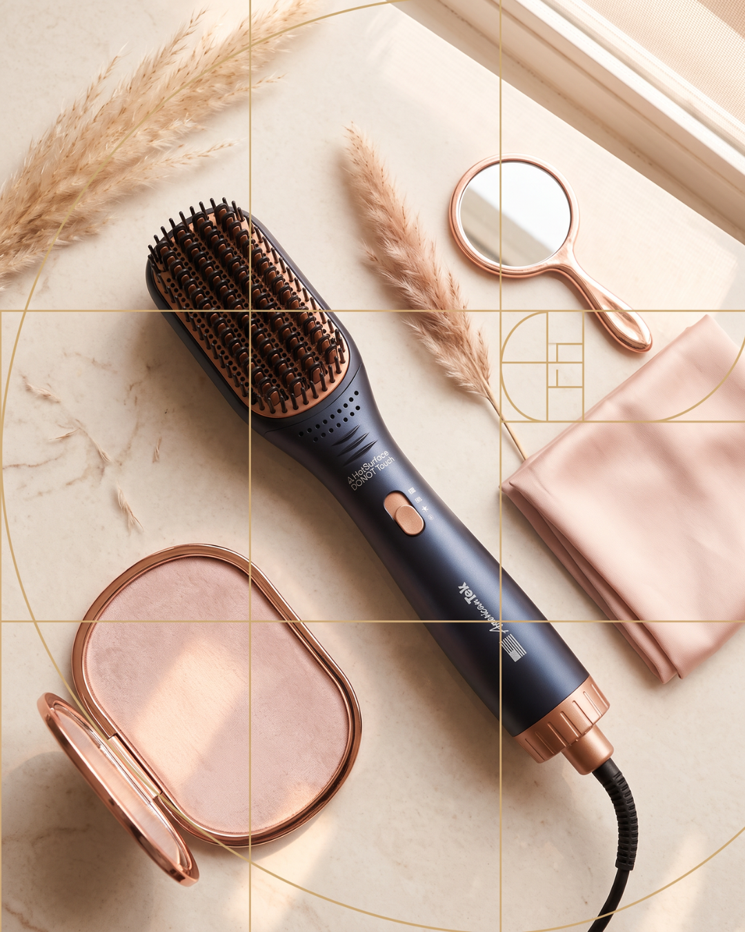 American Tek blow dryer brush in blue, one-step hair styler and volumiser