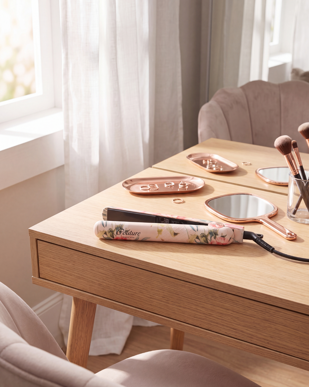 A floral-patterned hair straightener and matching rose gold makeup trays and mirror set on a light wood vanity table in a bright room.