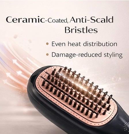 Hair straightening brush with ceramic-coated bristles on a light background