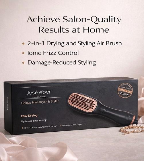 José eber hair dryer and styling brush packaging with product features on a light background