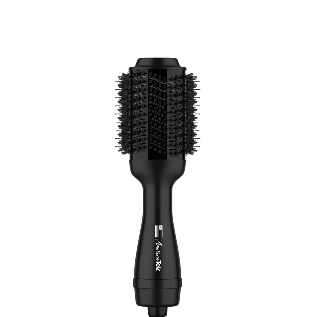 Black hair styling tool with bristle brush head on a white background