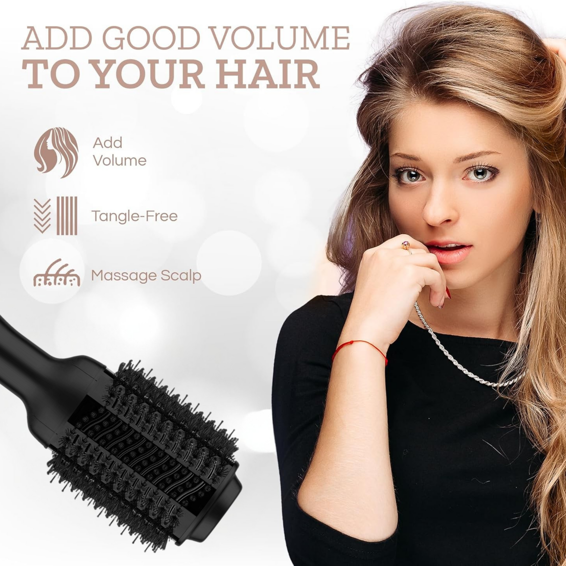 Woman with styled hair next to a hairbrush with text on adding volume and tangle-free hair.