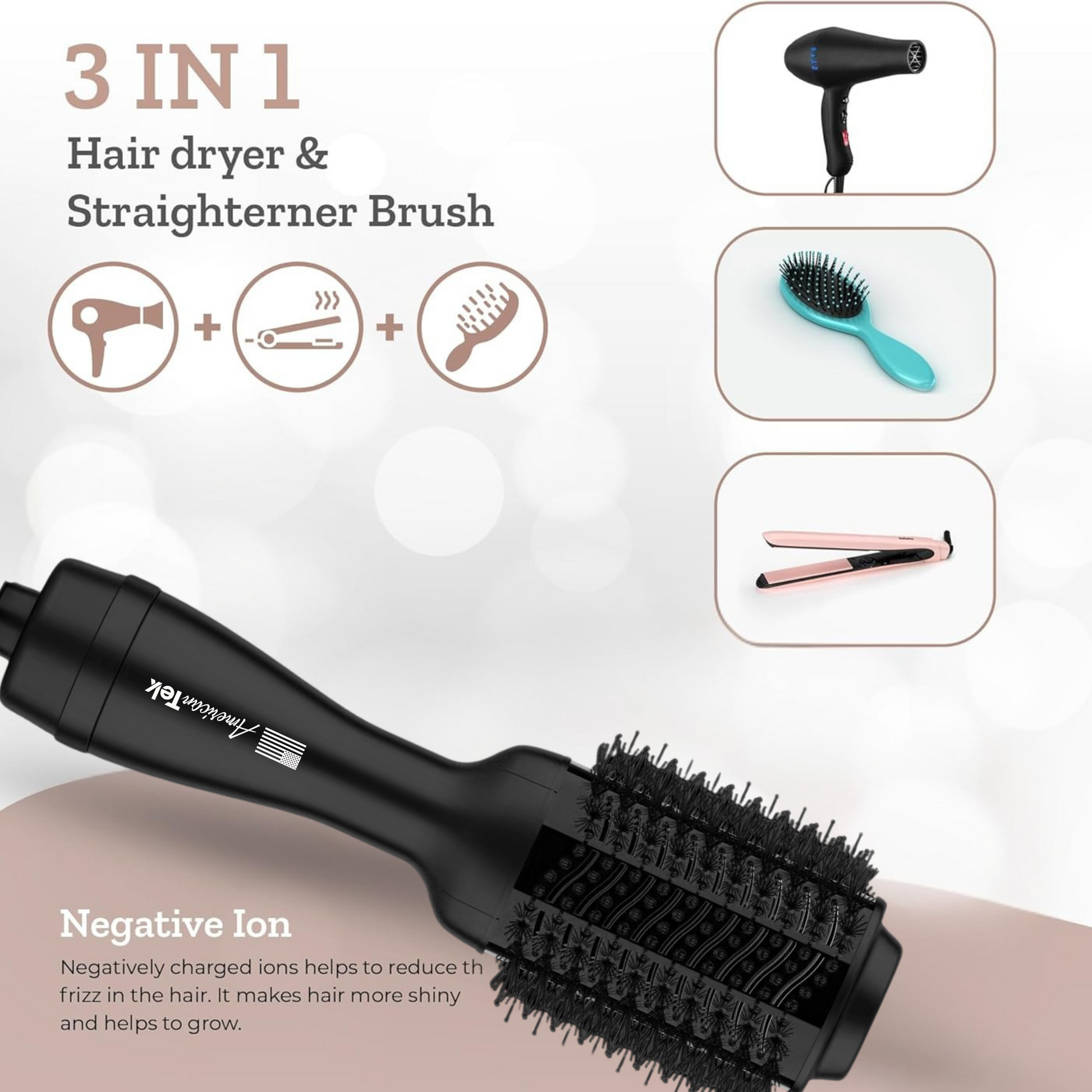 3-in-1 hair dryer and straightener brush with additional tools on a light background