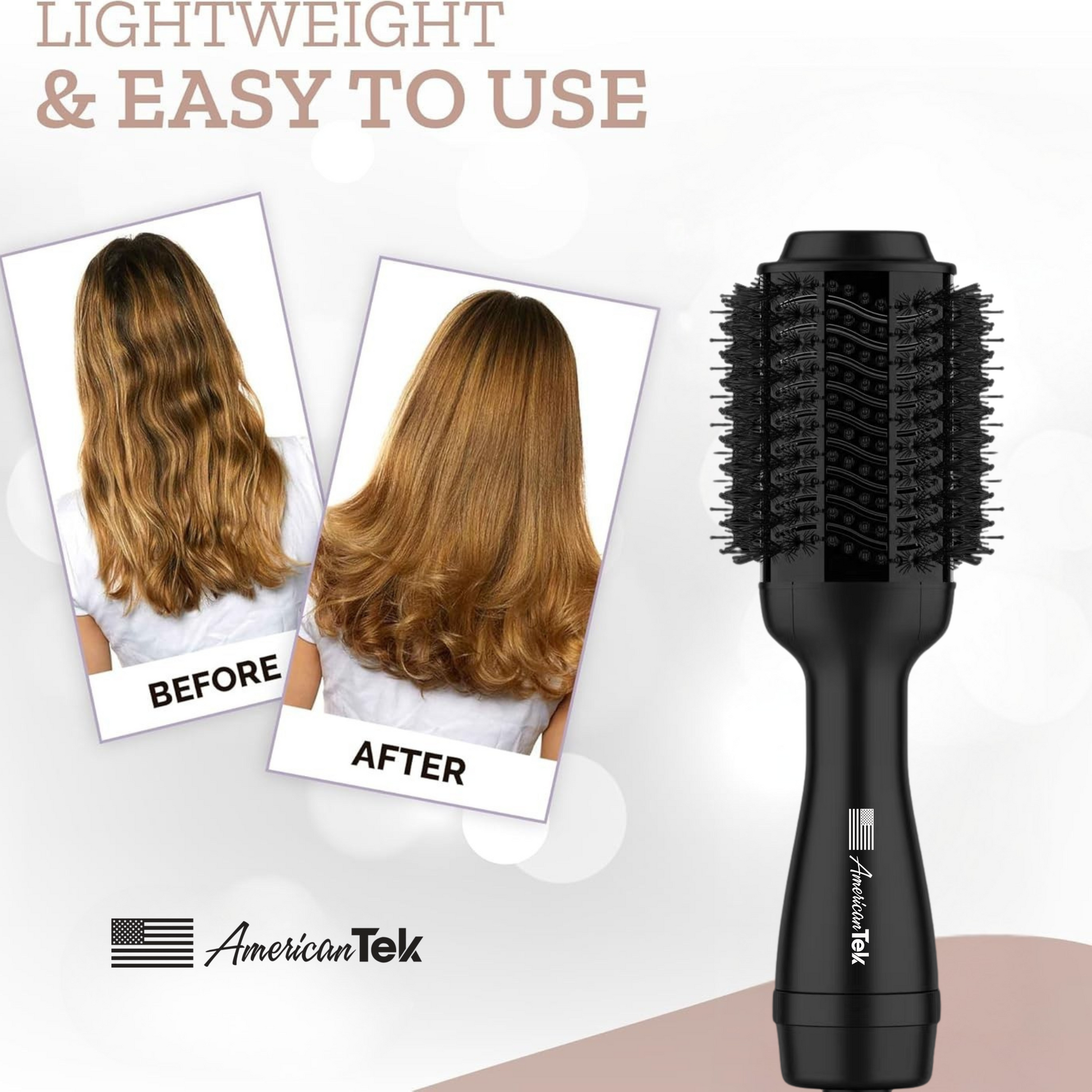 Black hairbrush with before and after images of styled hair, featuring American Tek branding.