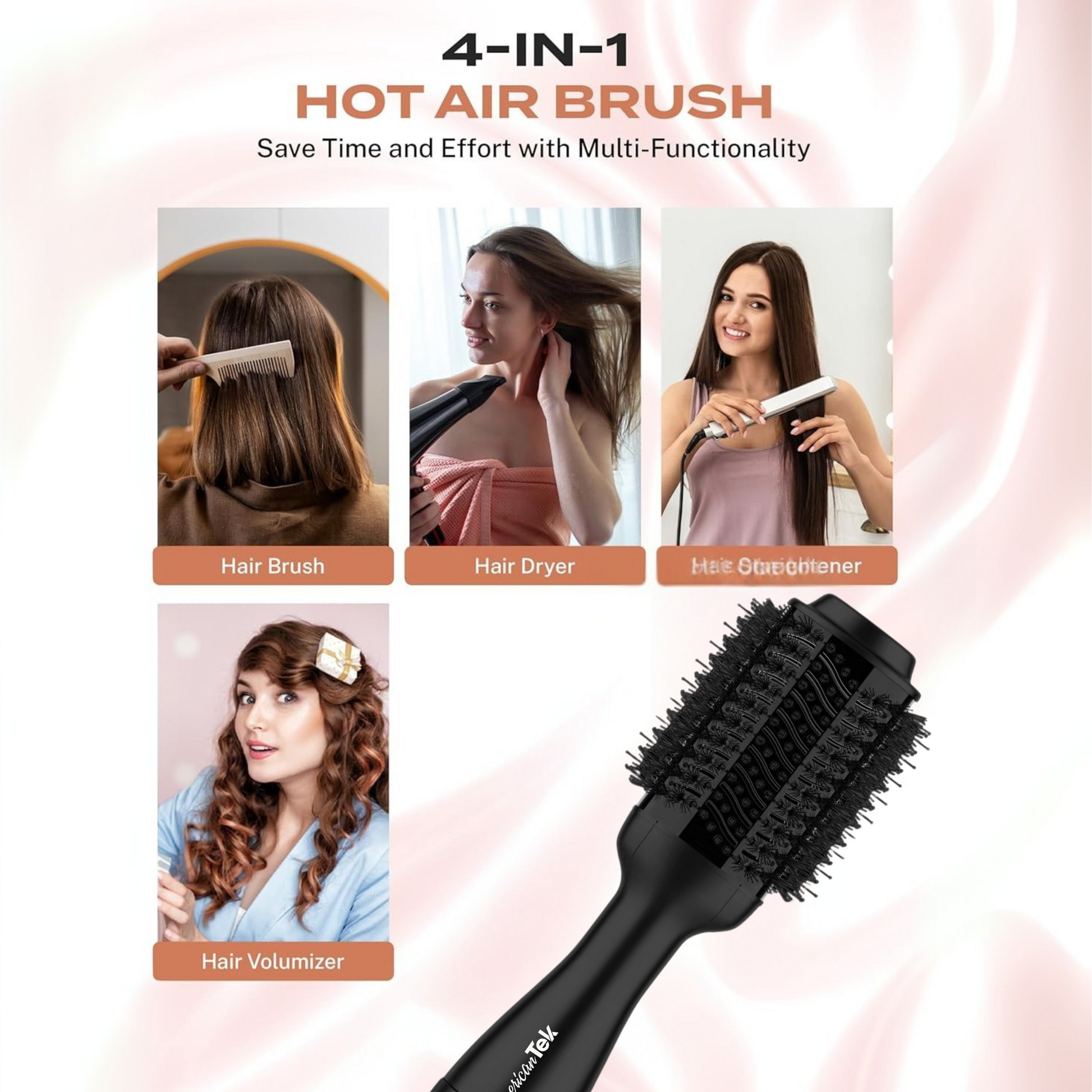 4-in-1 hot air brush with multiple uses on a pink background