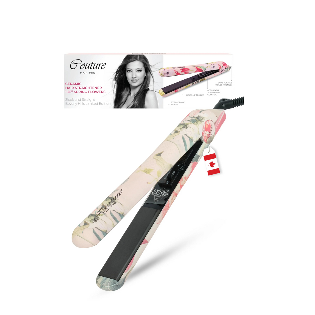 Floral-patterned hair straightener with packaging on a white background