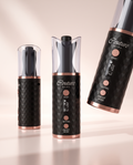 Three views of the Couture Hair Pro wireless rechargeable automatic hair curler and its ceramic curling chamber