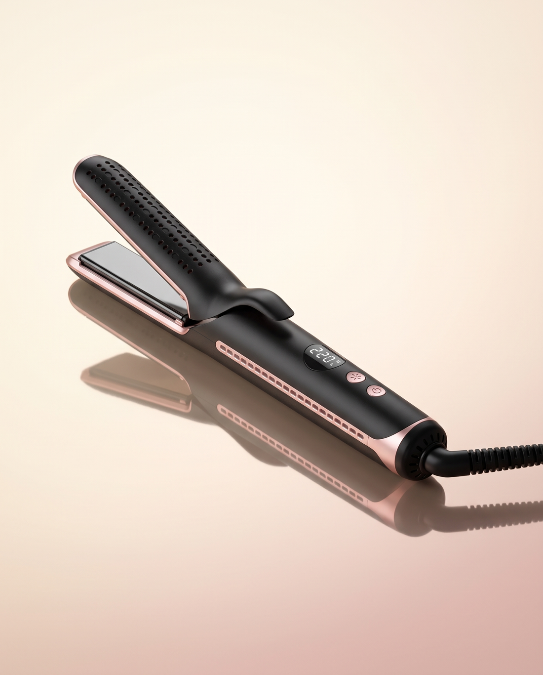 American Tek 2-in-1 cool air styler hair straightener and curler in black and rose gold