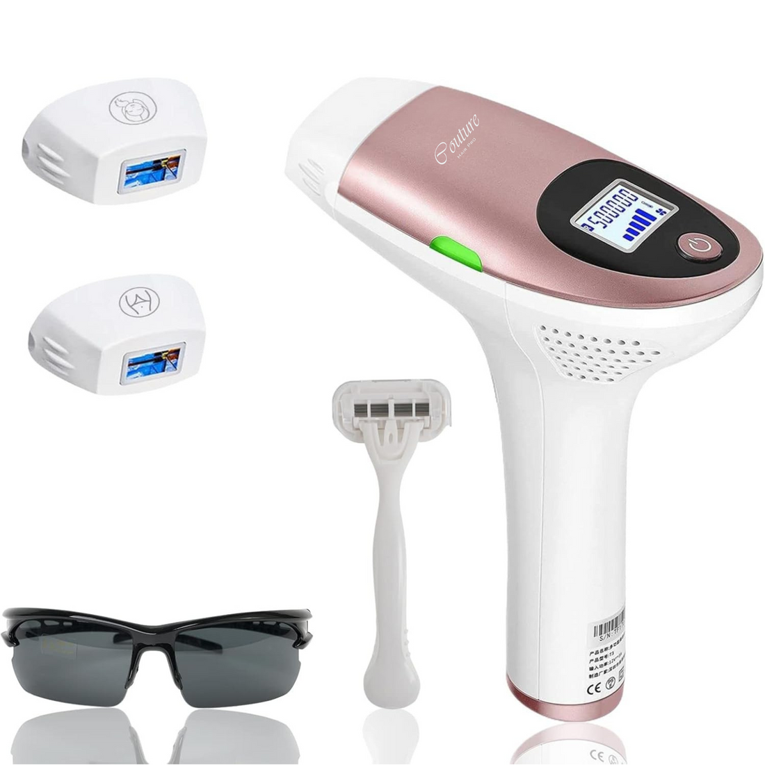 Hair removal device with attachments and sunglasses on a white background