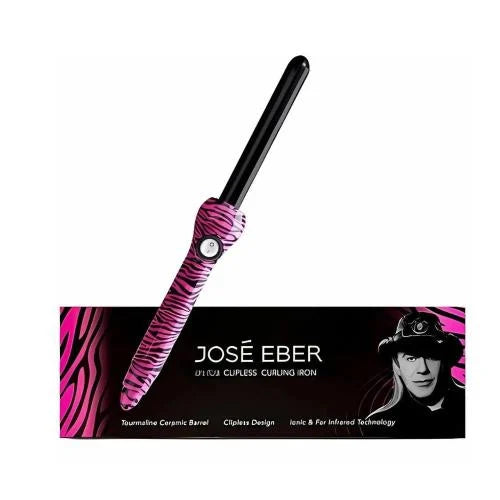 Jose Eber 19 Mm Pink Zebra Clipless Curling Iron with a ceramic-coated barrel, featuring a pink flower print design. The curling iron is shown alongside its packaging with the brand name and a model.