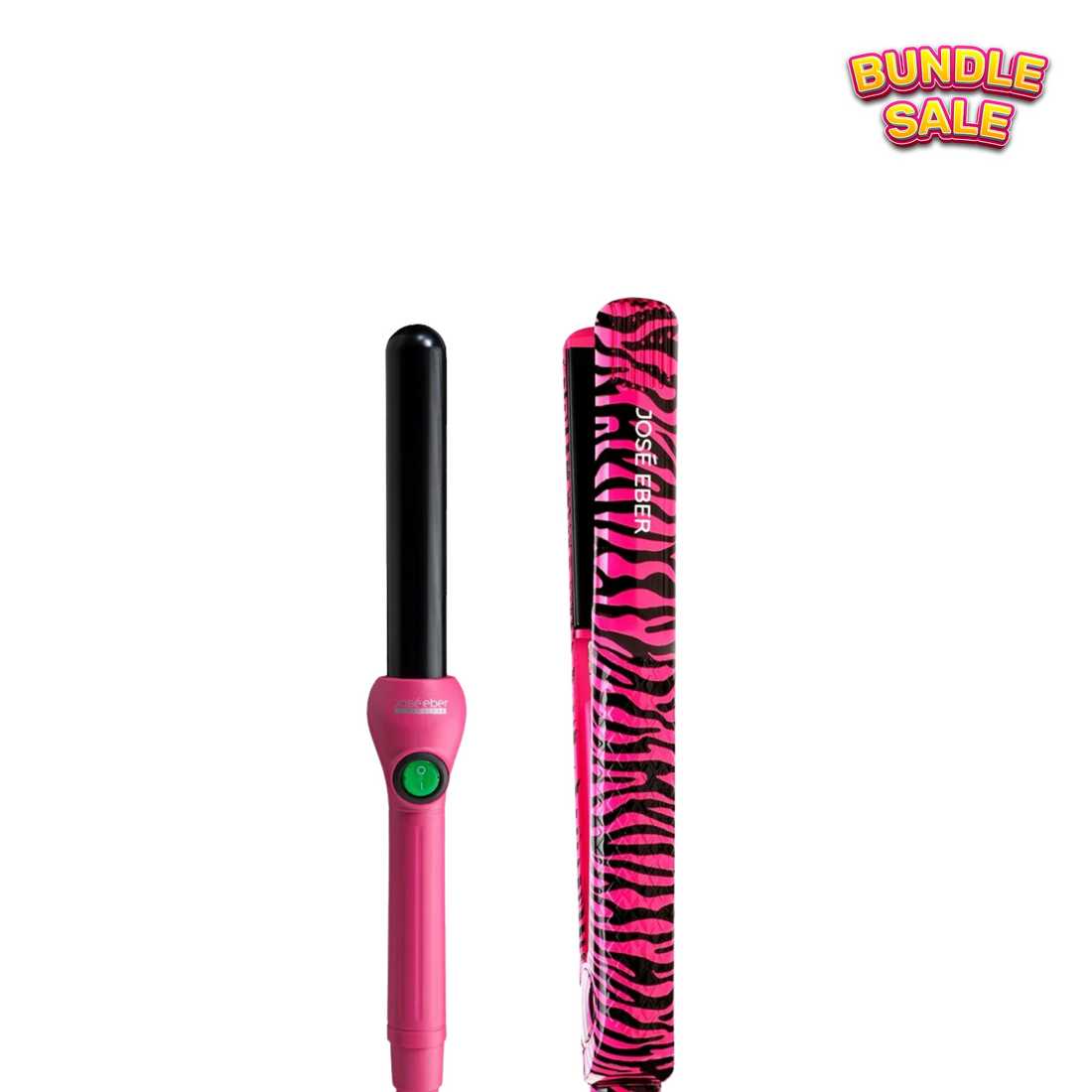 The image shows a pink zebra-patterned hair straightener and a pink hair curler set, both with black details and the José Eber brand logo.