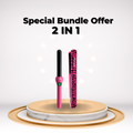 Special bundle offer with a pink hair straightener and black and pink hair curler on a marble base.