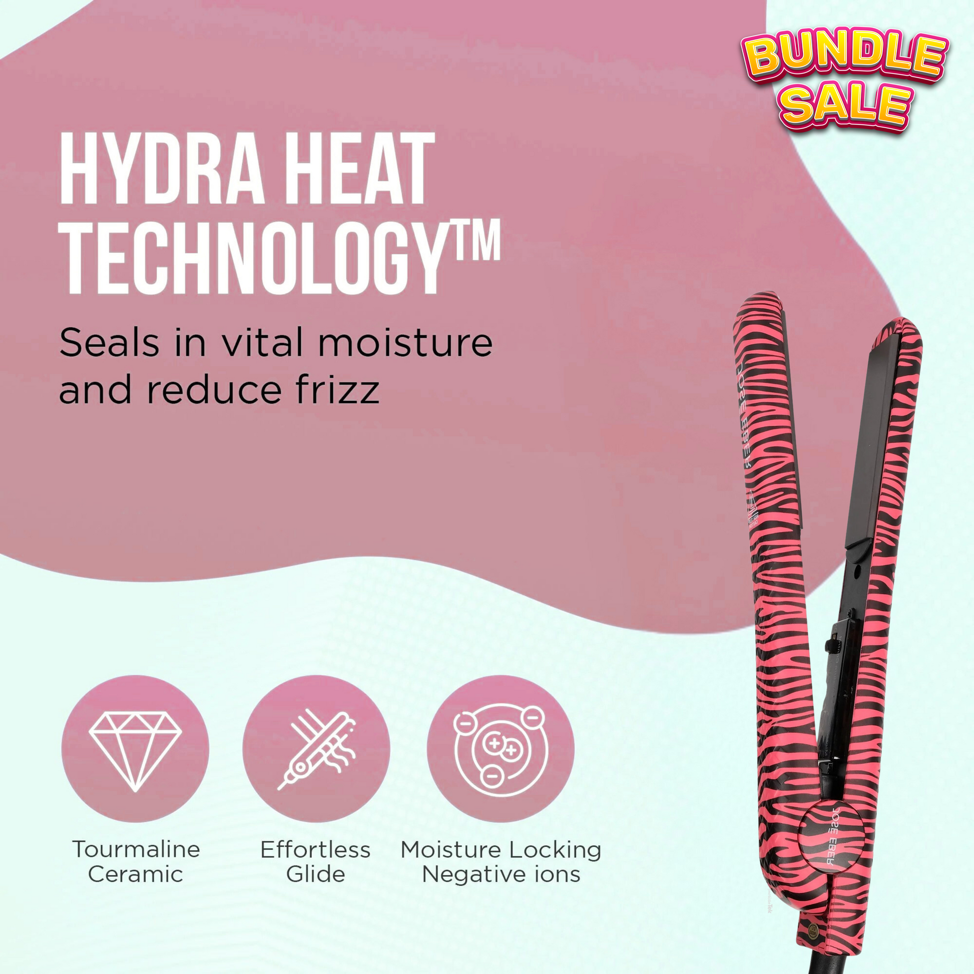 Hair straightener with pink and black zebra pattern on a promotional background for Hydra Heat Technology.