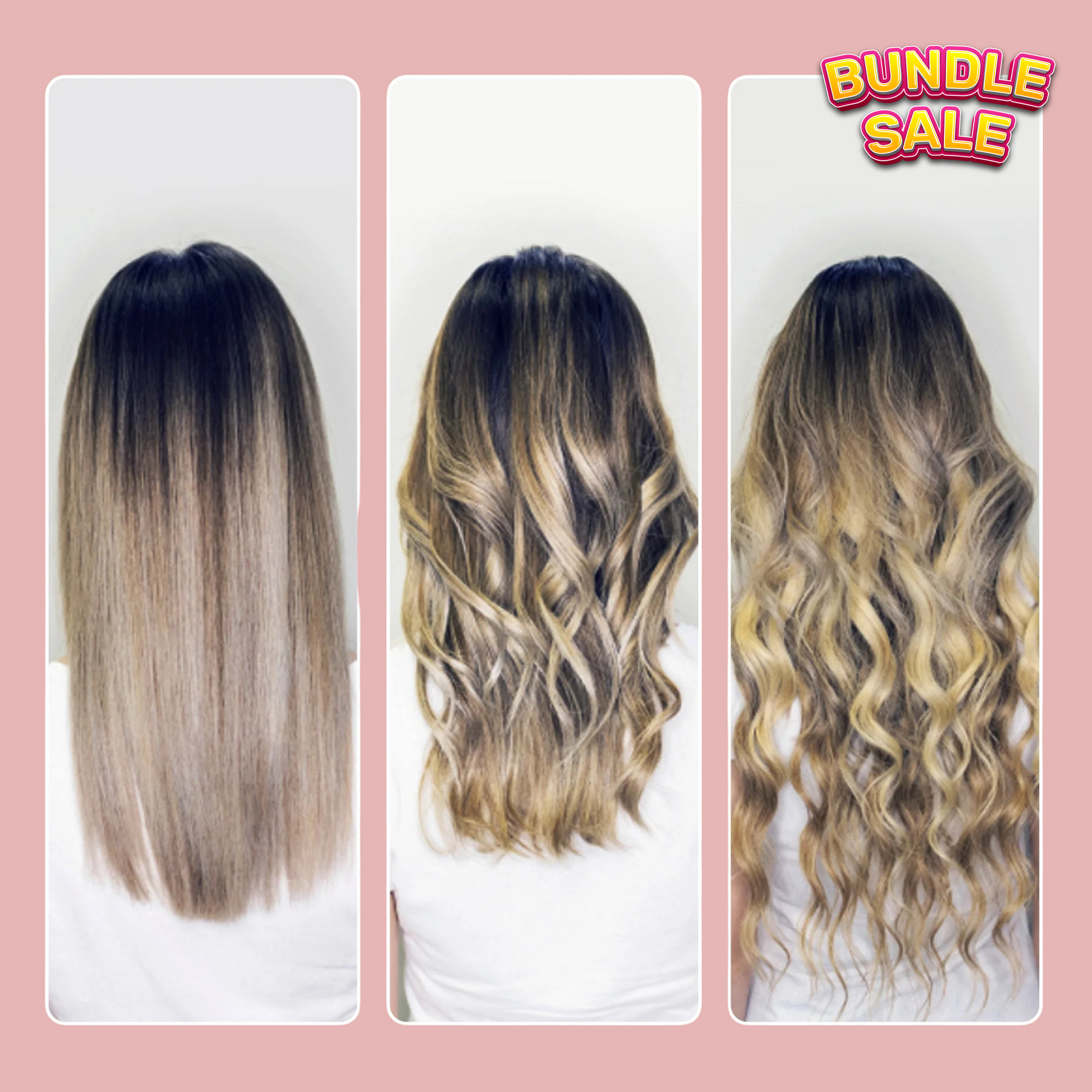 Three hair extensions with different styles on a pink background.