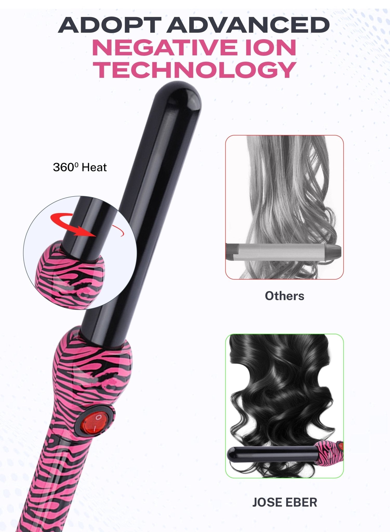 Jose Eber Pro Style 25mm Clipless Ceramic Curling Iron Long Lasting and Shiny Curls Pink Zebra
