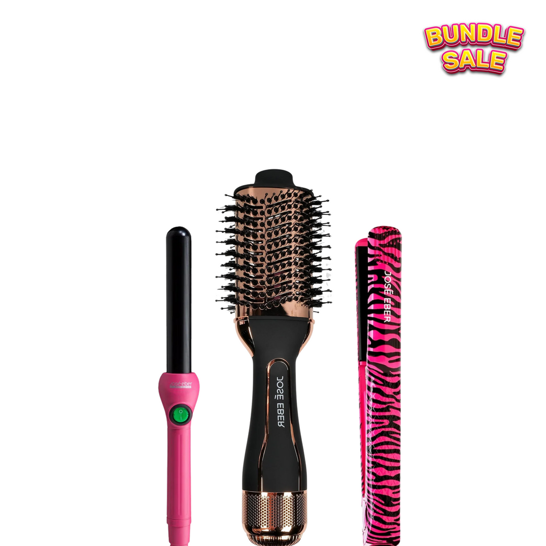 A set of three JOSE EBER hair styling tools, including a hot air brush, a pink curler, and a ceramic straightener with a pink zebra design.
