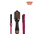 A set of three JOSE EBER hair styling tools, including a hot air brush, a pink curler, and a ceramic straightener with a pink zebra design.