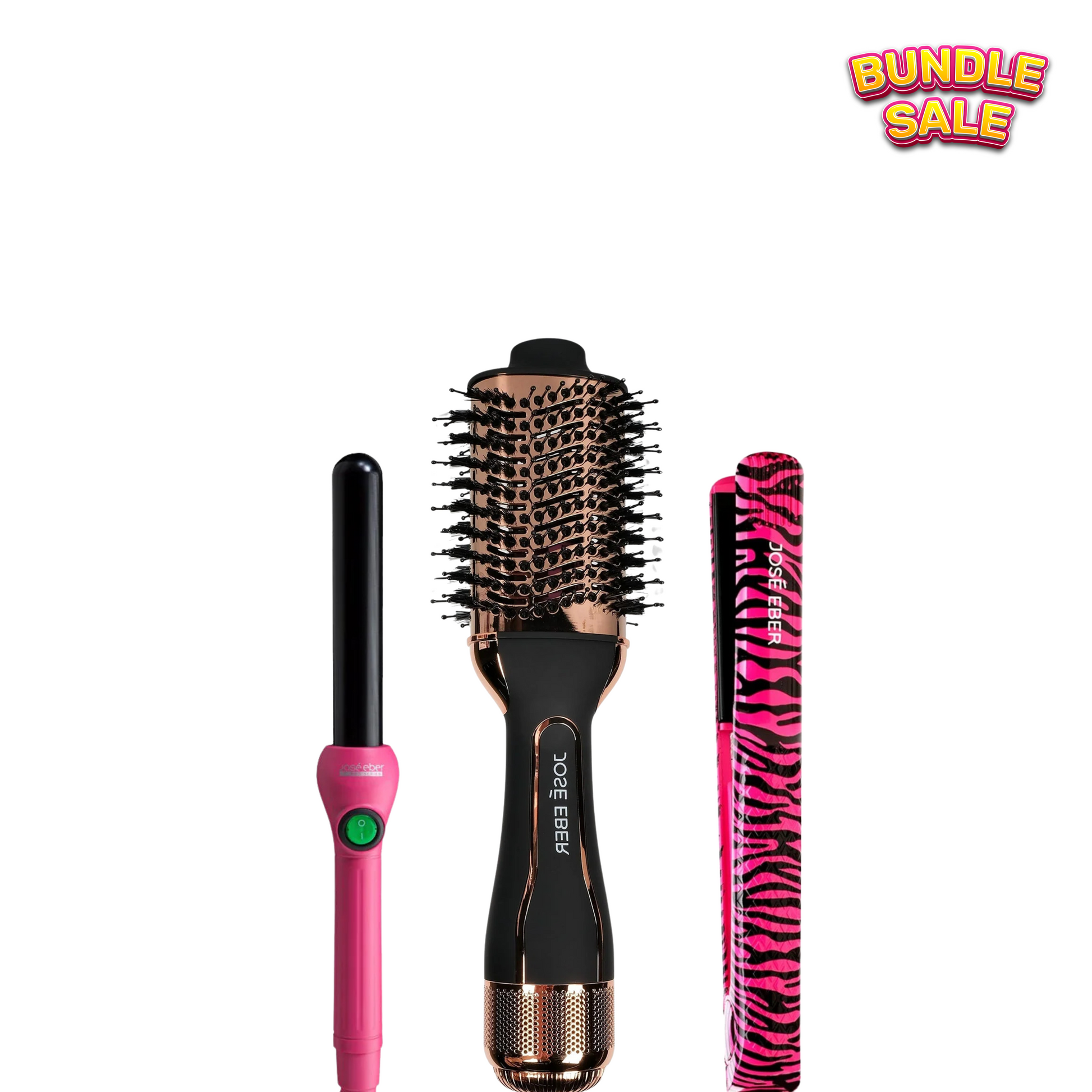 A set of three JOSE EBER hair styling tools, including a hot air brush, a pink curler, and a ceramic straightener with a pink zebra design.
