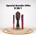 Special bundle offer with three hair styling tools on a decorative platform.