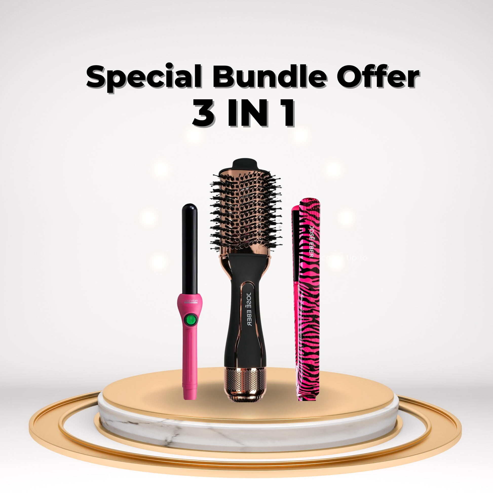Special bundle offer with three hair styling tools on a decorative platform.