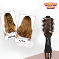 Hair styling tool with before and after hair images on a white background.