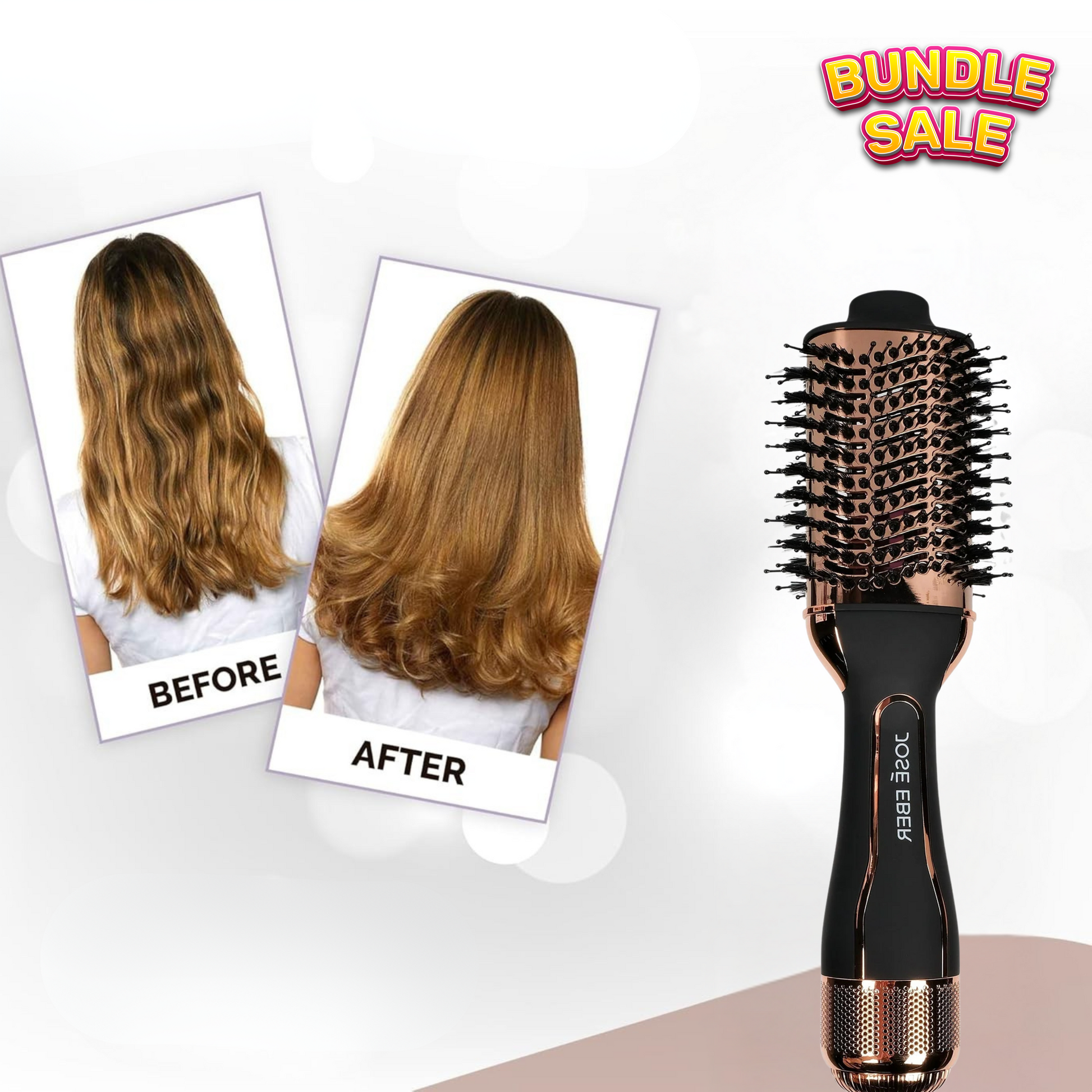 Hair styling tool with before and after hair images on a white background.
