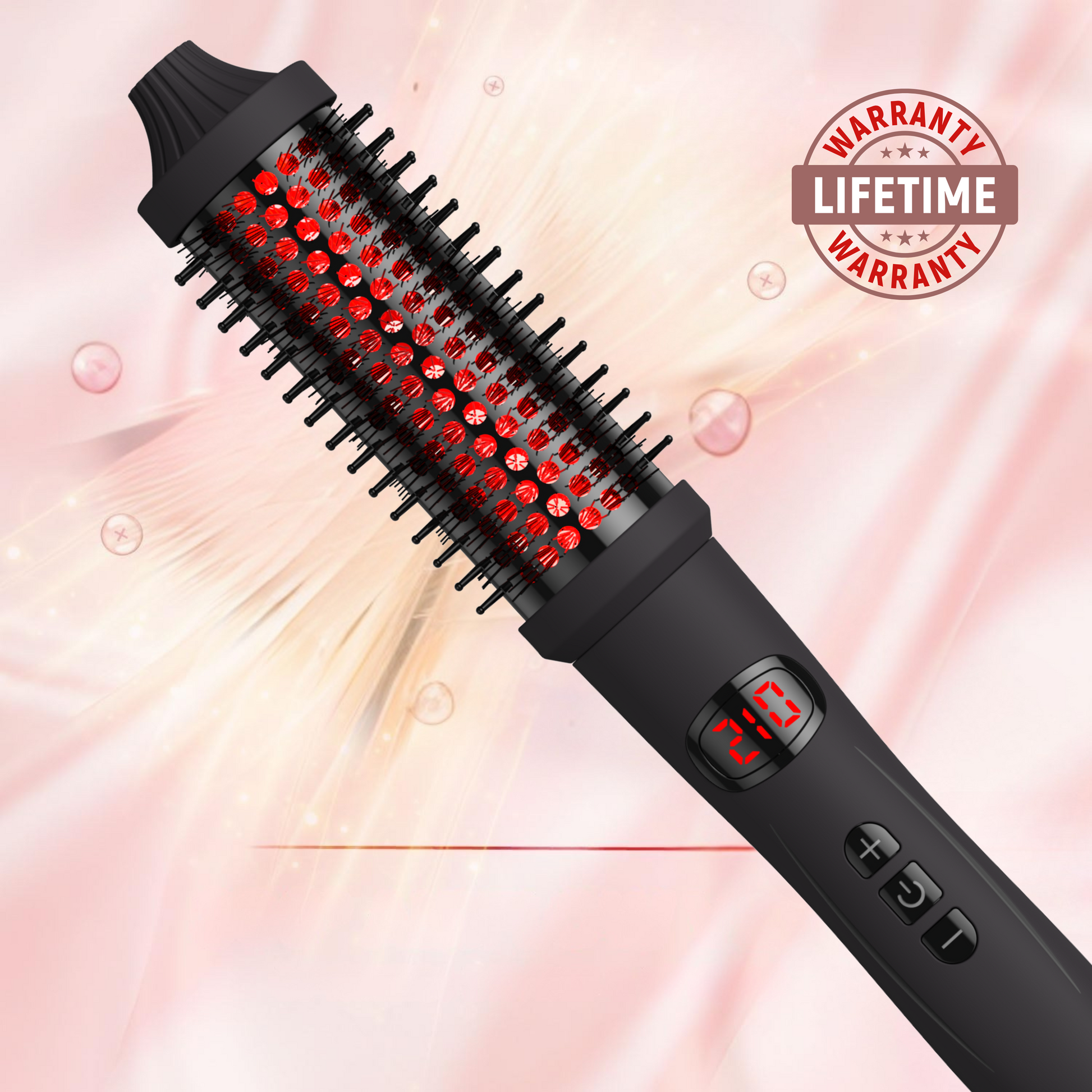 Hair styling brush with red heating elements on a pink background with 'Lifetime Warranty' badge.
