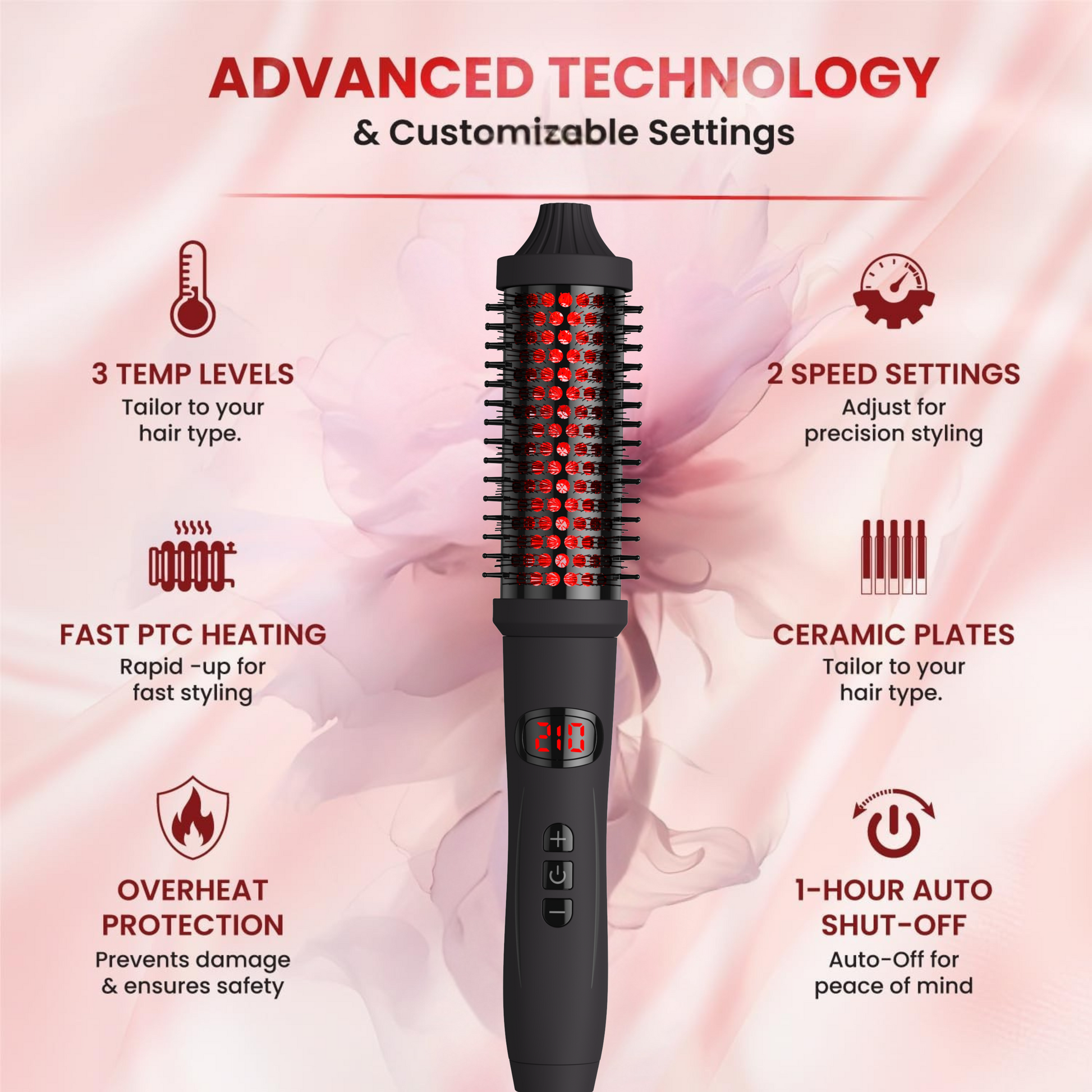 Hair styling tool with features listed on a pink background