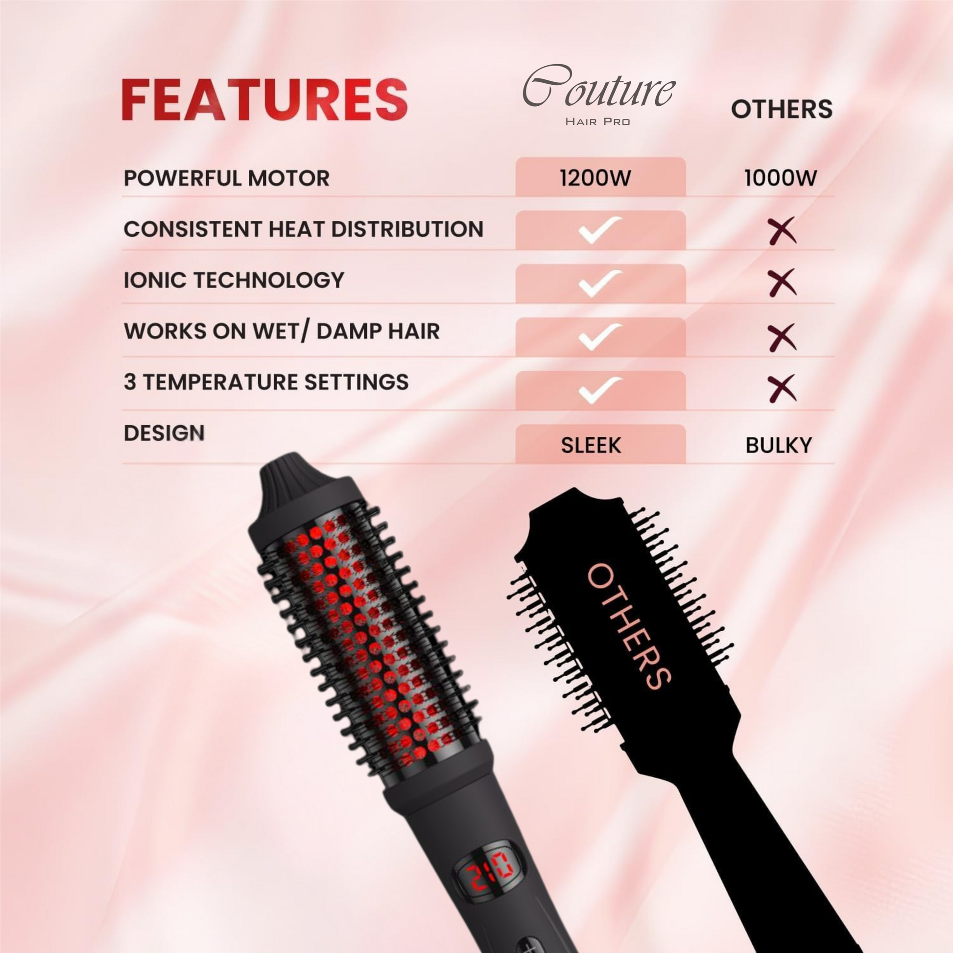 Hair styling tool comparison chart with features and two hairbrushes on a pink background