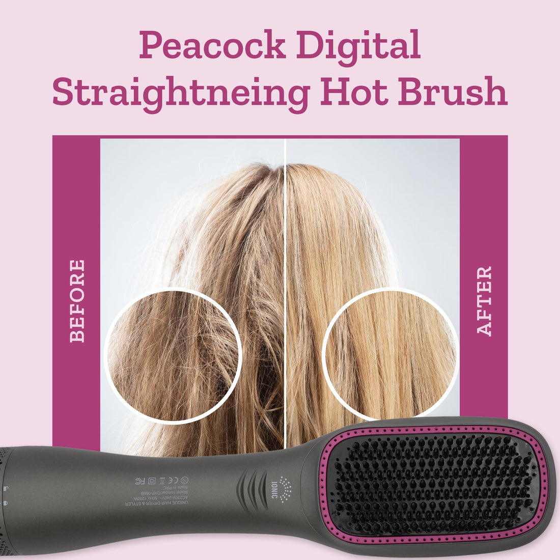 A Couture Hair Pro hot air brush and dryer with antiscald ceramic bristles in grey color, displayed alongside its packaging box featuring a peach design. A Canadian flag badge is also visible on the product.