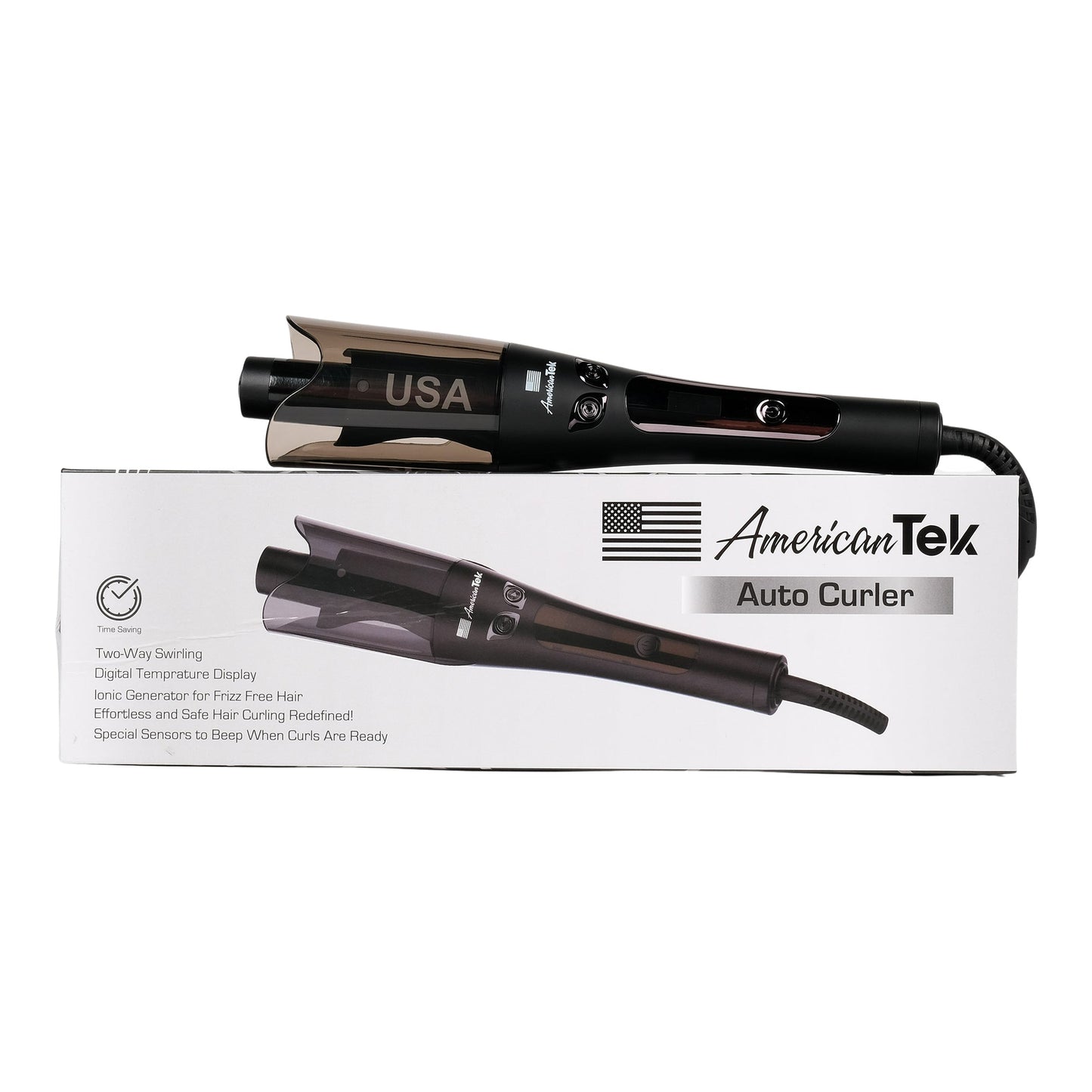 American Tek Automatic Curling Iorn Wand- Auto Curler with 4 Temperatures & 3 Timers & LCD Display, Curling Iron with 1" Large Rotating Barrel, Auto Shut-Off Spin Iron for Hair Styling - Black - Couture Hair Pro