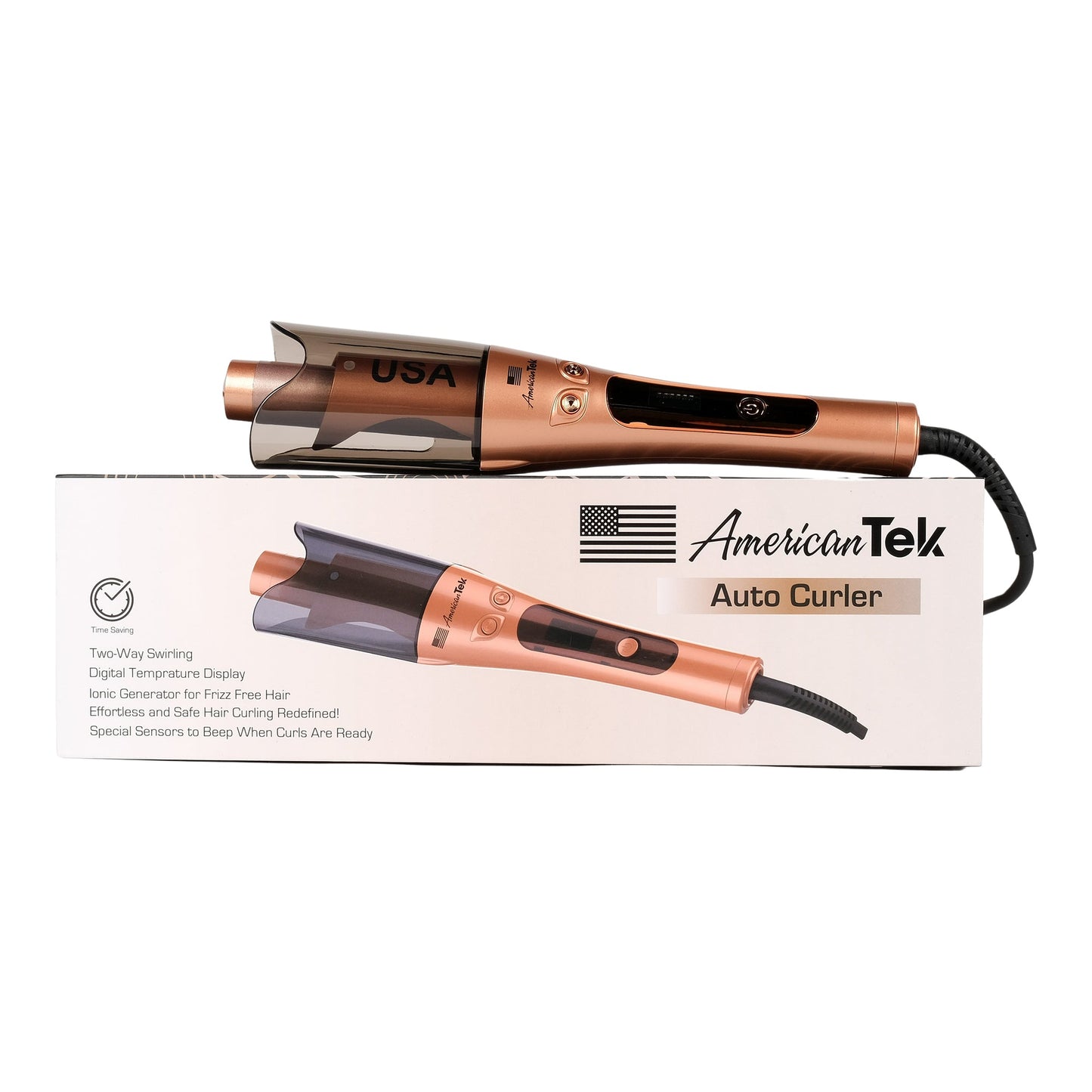 American Tek Automatic Curling Iron Wand- Auto Curler with 4 Temperatures & 3 Timers & LCD Display, Curling Iron with 1" Large Rotating Barrel, Auto Shut-Off Spin Iron for Hair Styling - Gold - Couture Hair Pro