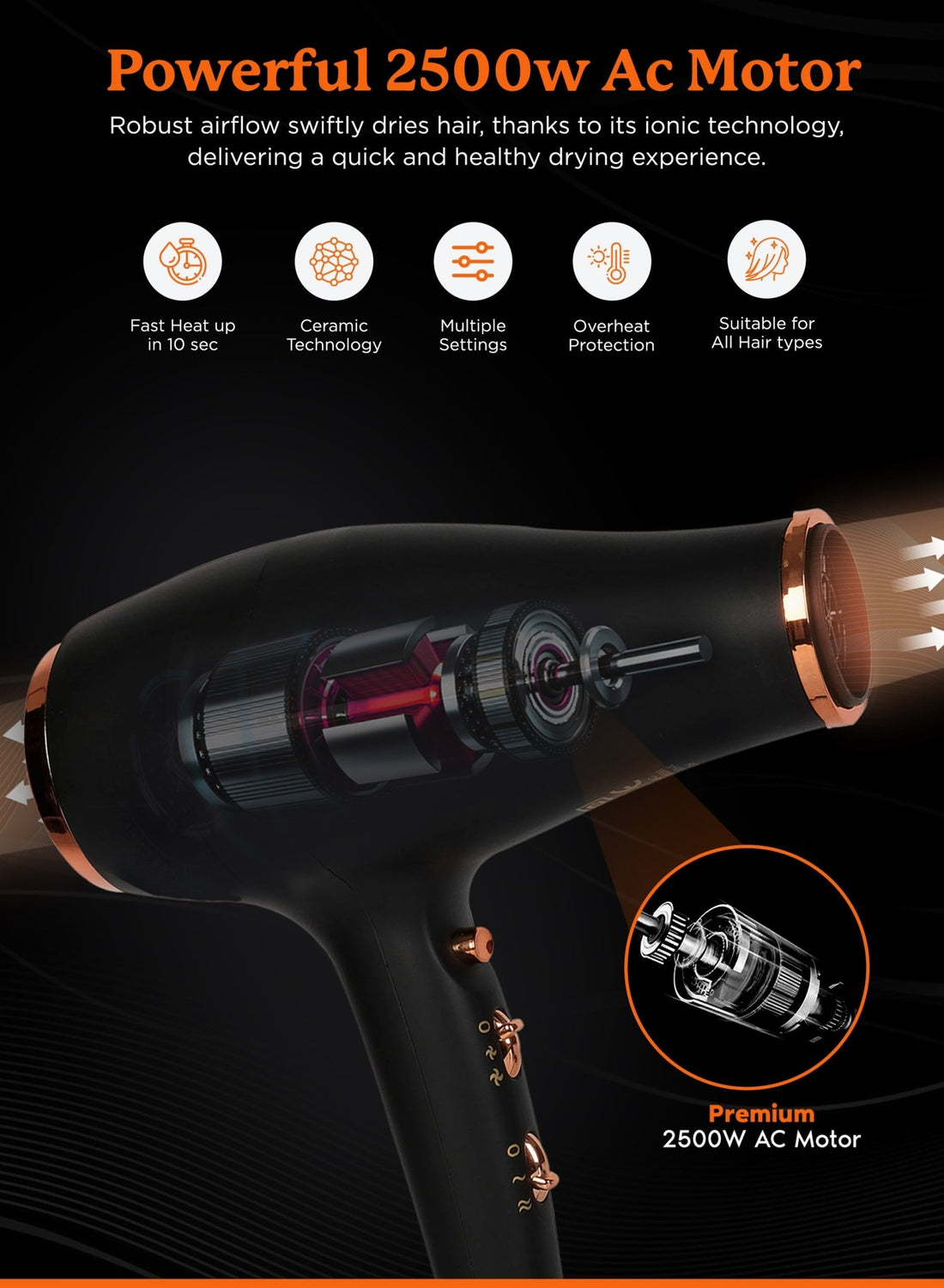 Black hair dryer with attachments and packaging on a white background