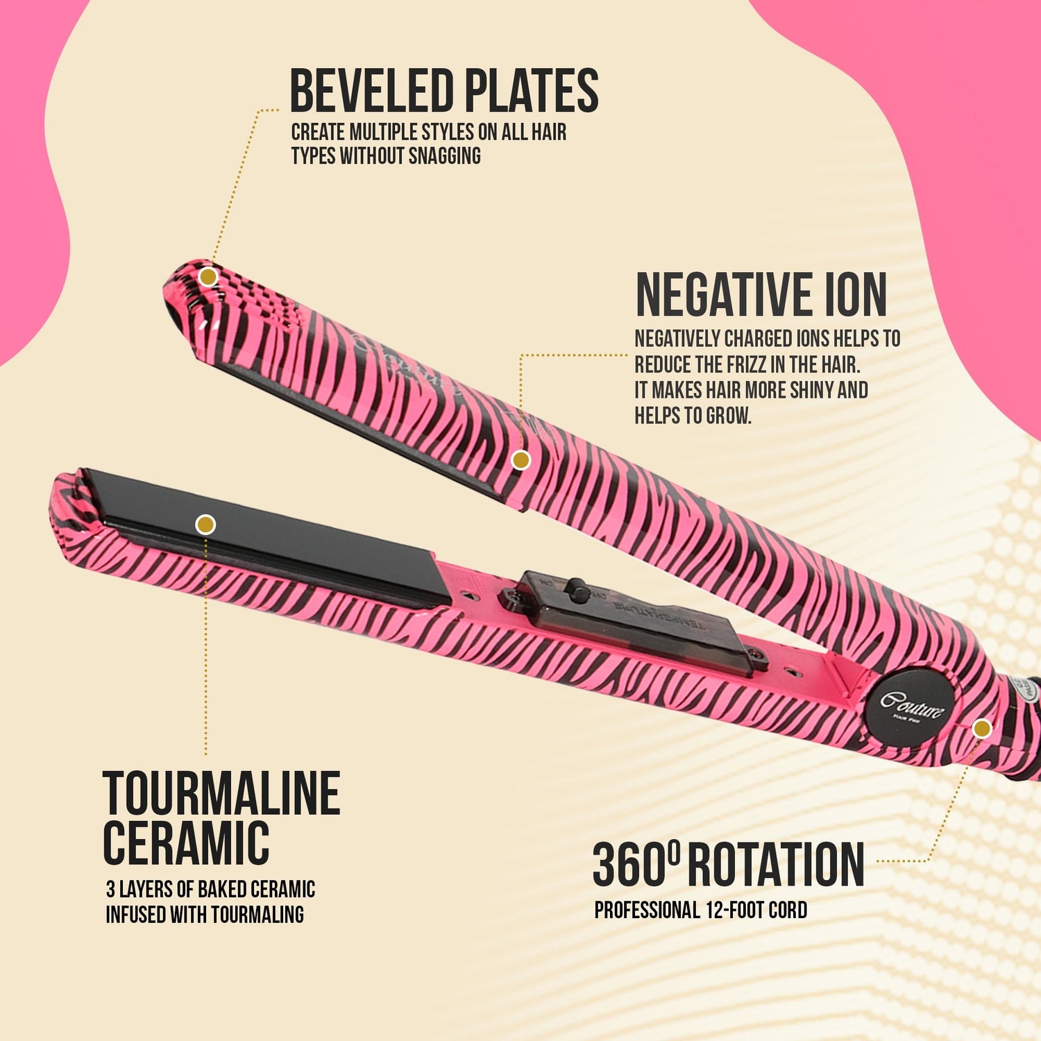 Couture Hair Pro Classic Hair Straightener 1'' - Pink Zebra - Couture Hair Pro