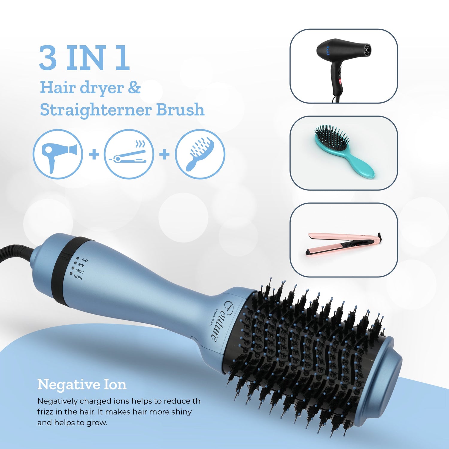 Couture Hair Pro Hot Air Brush - 3 in 1 Hair Straightening Brush, Volumizer & Dryer - Baby Blue - Couture Hair Pro