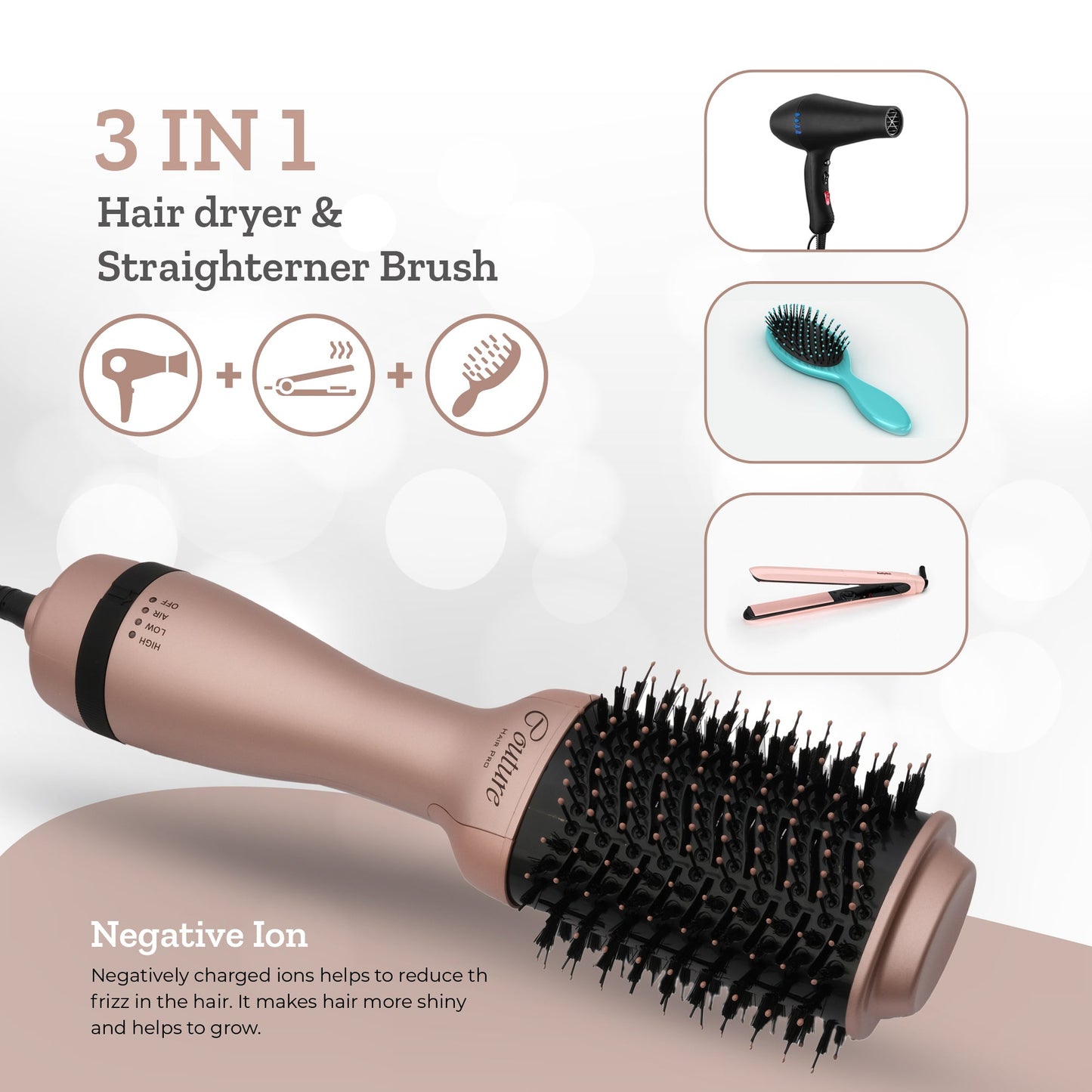 Couture Hair Pro Hot Air Brush - 3 in 1 Hair Straightening Brush, Volumizer & Dryer - Rose Gold - Couture Hair Pro