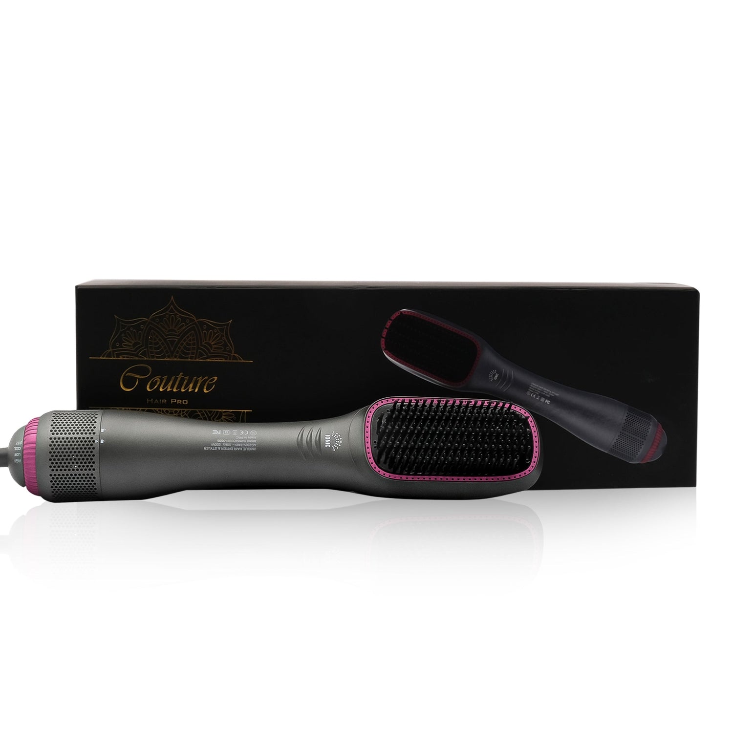 Couture Hair Pro Hot Air Brush & Dryer with Antiscald Ceramic Bristles- Grey - Couture Hair Pro