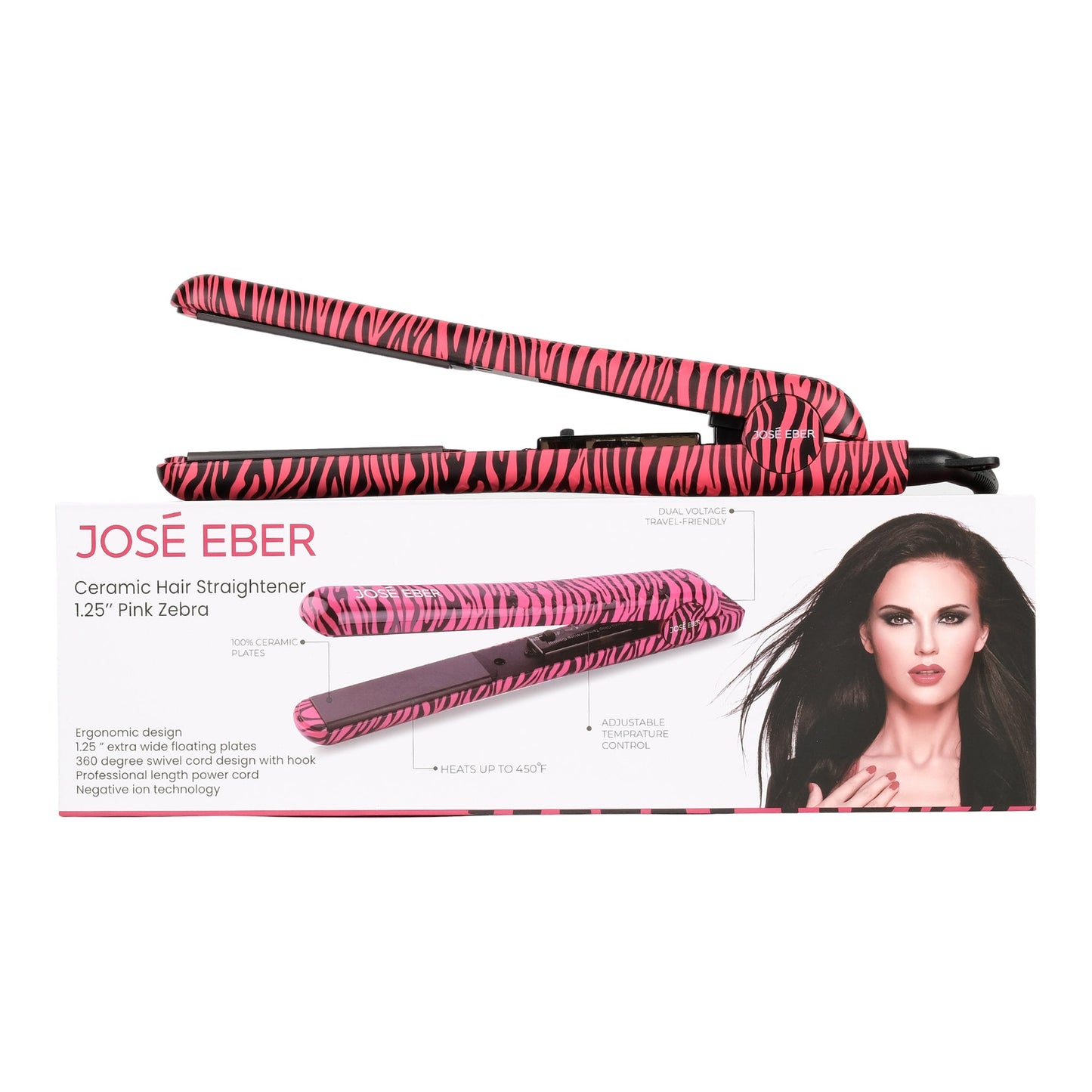 Jose Eber Pure Ceramic Flat Iron - Premium Hair Straightener for Salon Quality Results - Pink Zebra - Couture Hair Pro